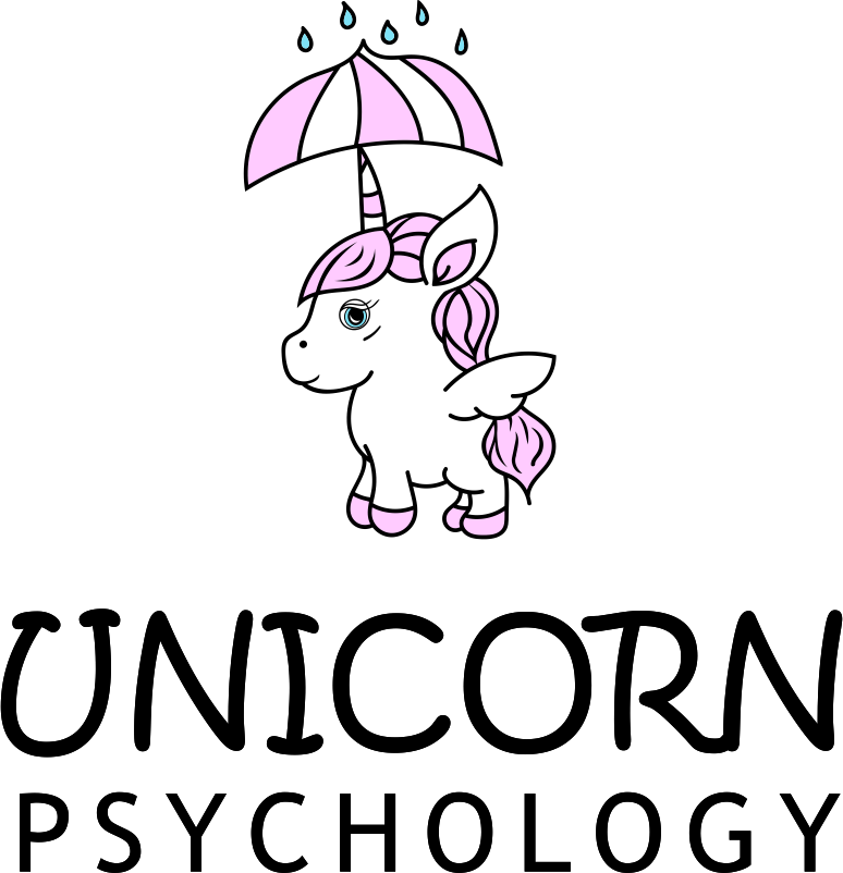 Unicorn Psychology logo. A pink and white unicorn protected from blue raindrops by a oink and white umbrella